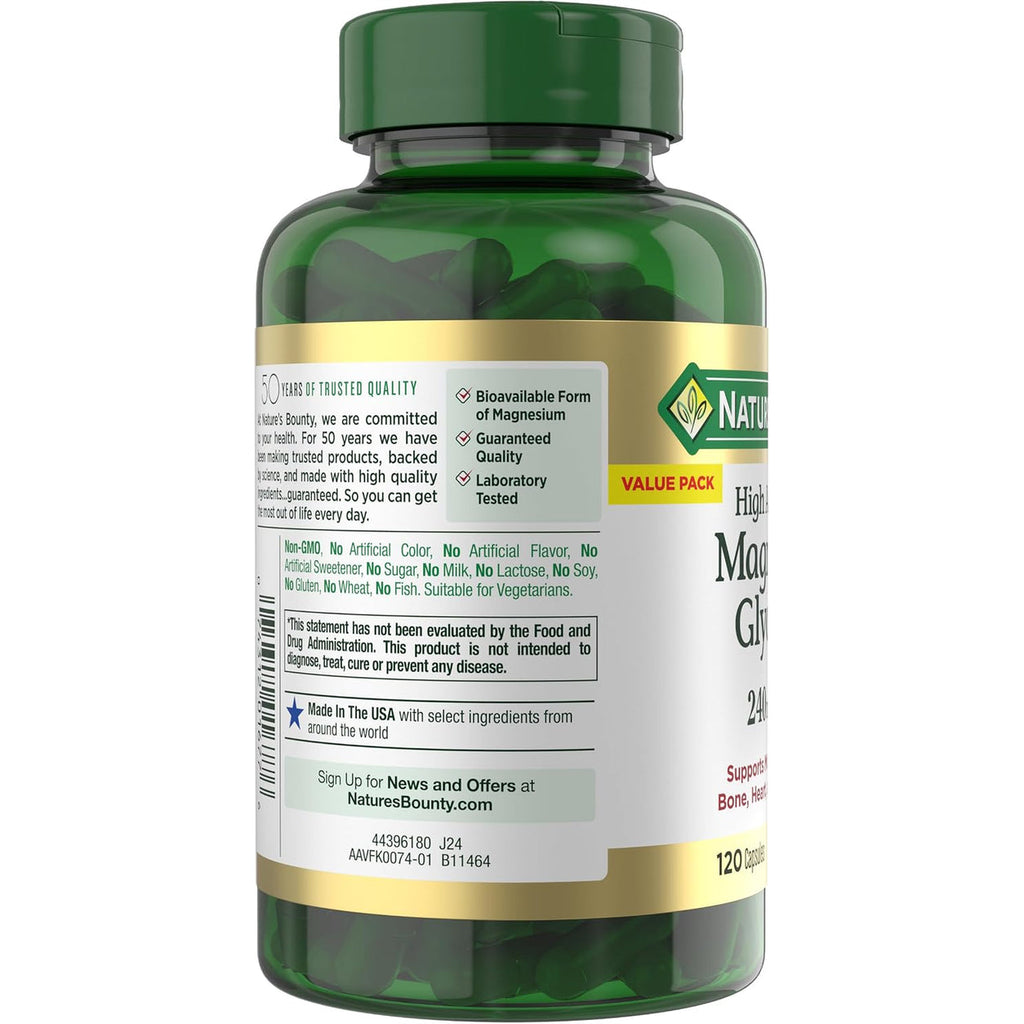 Nature’s Bounty Glicinato de Magnesio Alta Absorción 240 mg – 120 Cápsulas